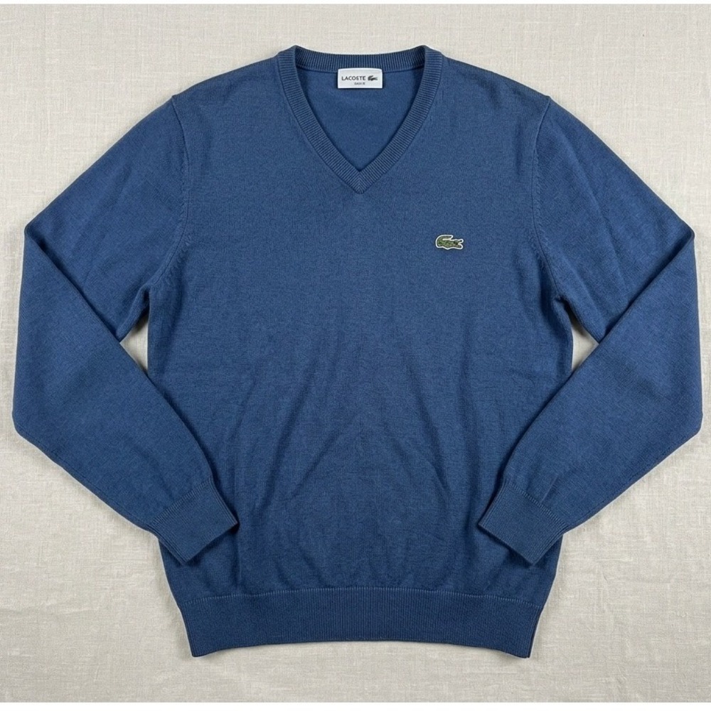 Lacoste V-Neck Sweater Mens Large Blue Crocodile Logo Preppy Classic Old Money